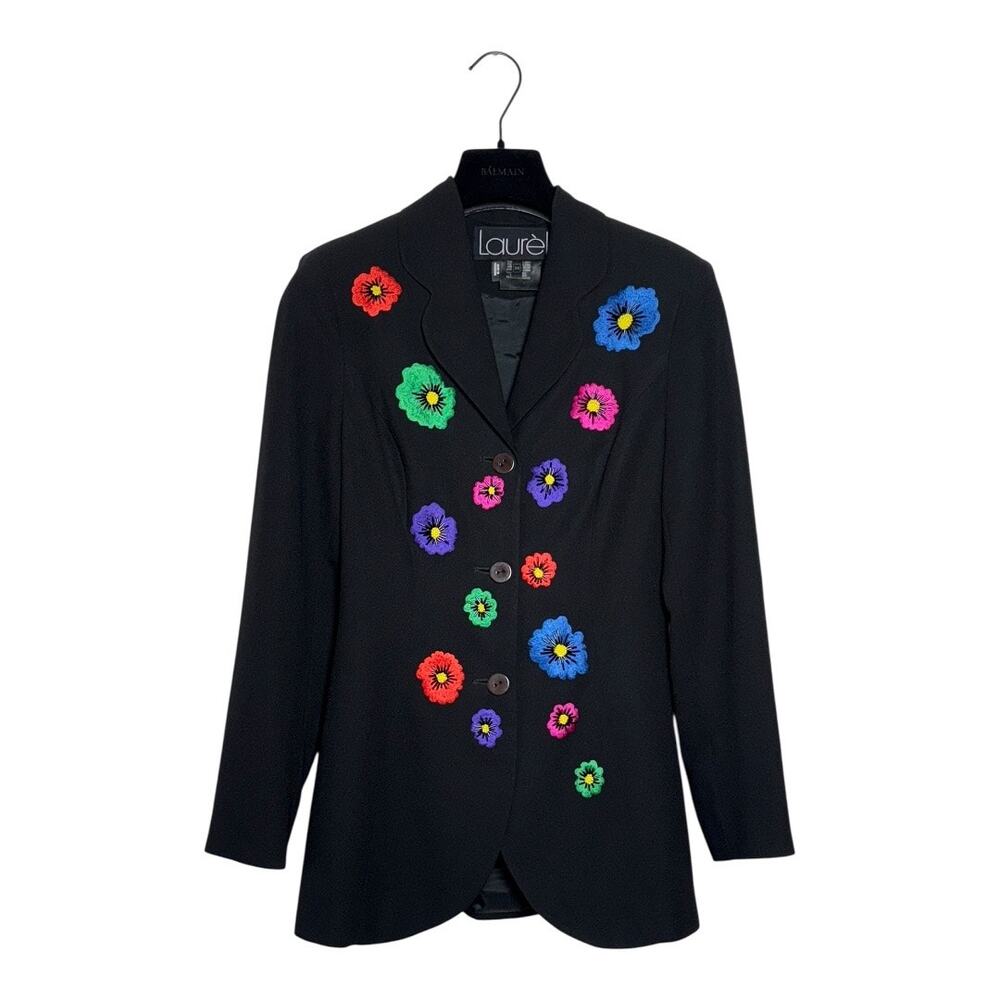 Laurel VTG 90s Floral Embroidered Beaded Slim Blazer Size 34 EU XS